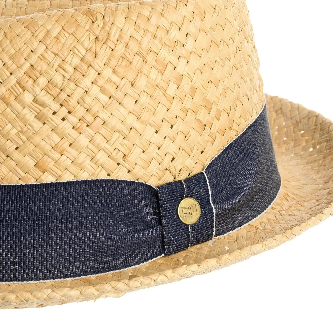 cappello pork pie estivo in rafia da uomo foto con vista dettaglio ravvicinato color naturale primario nesti