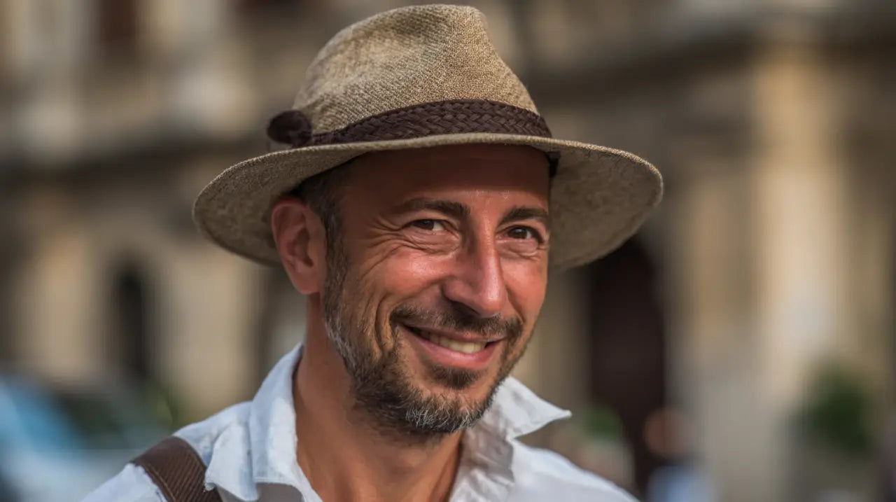 Cappello Panama protezione UV fotografo durante riprese esterne professionali