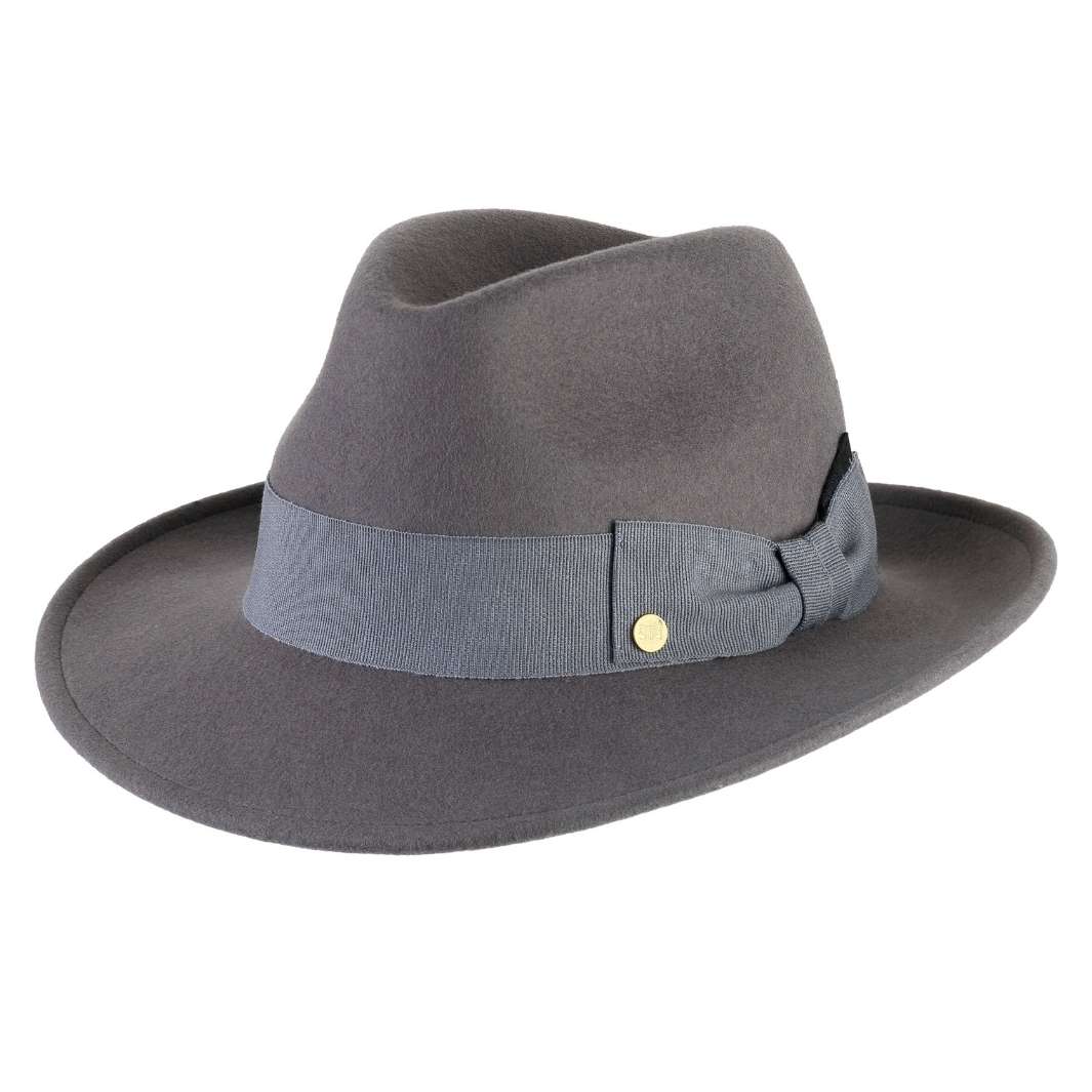 Cappello Fedora Coccos color Grigio Medio, in feltro di lana merinos da uomo, foto con vista inclinata - Primario Nesti