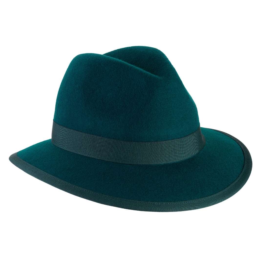 Cappello Indiana Classico color Verde Pavone, in feltro di lana merinos da uomo, foto con orientamento laterale - Primario Nesti