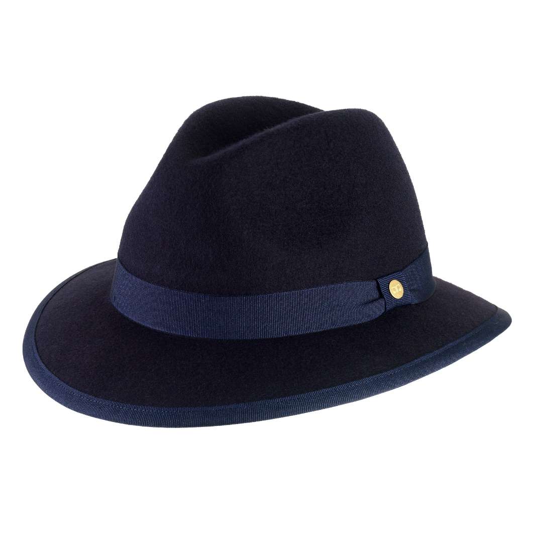 Cappello Indiana Classico color Blu Navy, in feltro di lana merinos da uomo, foto con vista inclinata - Primario Nesti