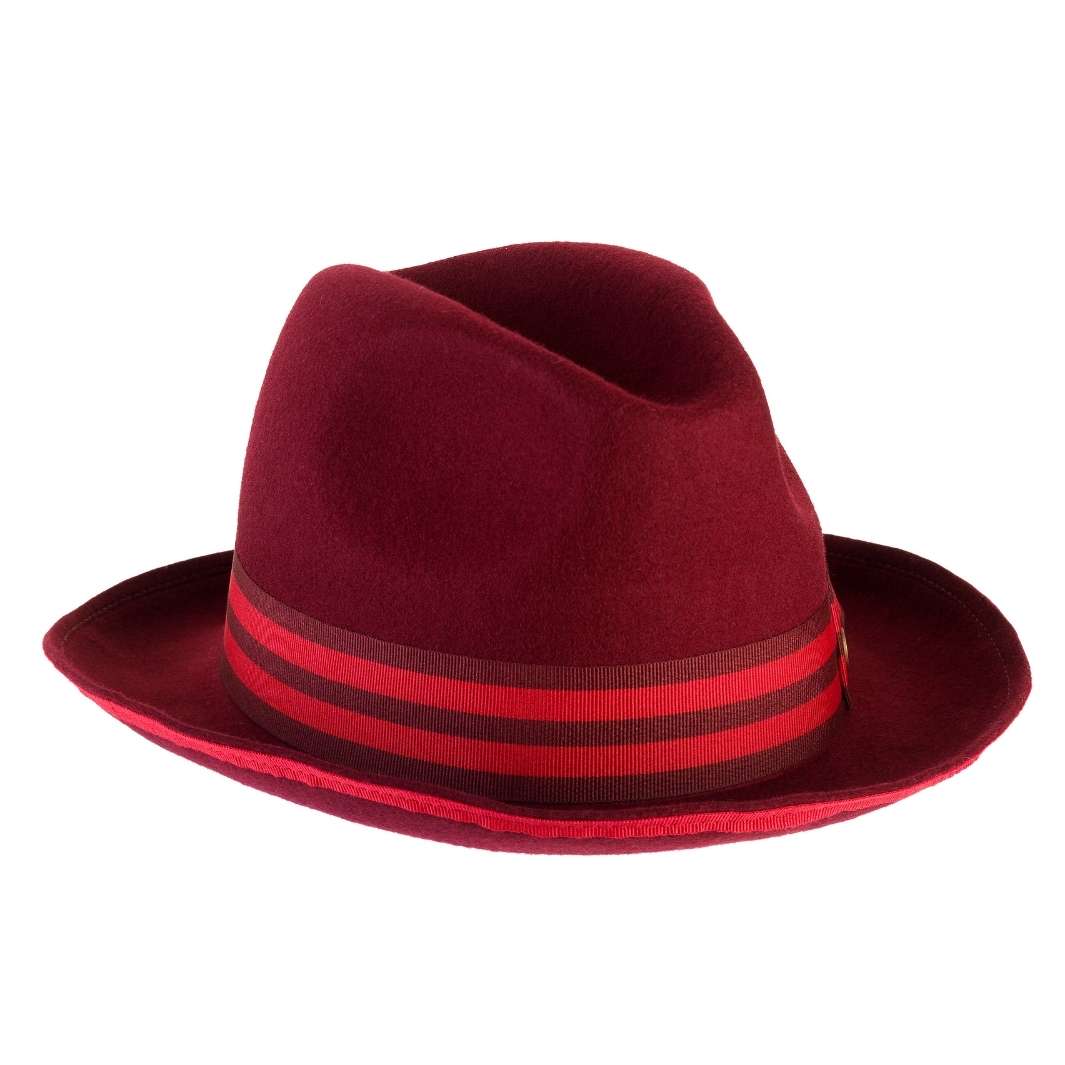 Cappello Trilby Jazz color Bordeaux, in feltro di lana merinos da uomo, foto con orientamento laterale - Primario Nesti