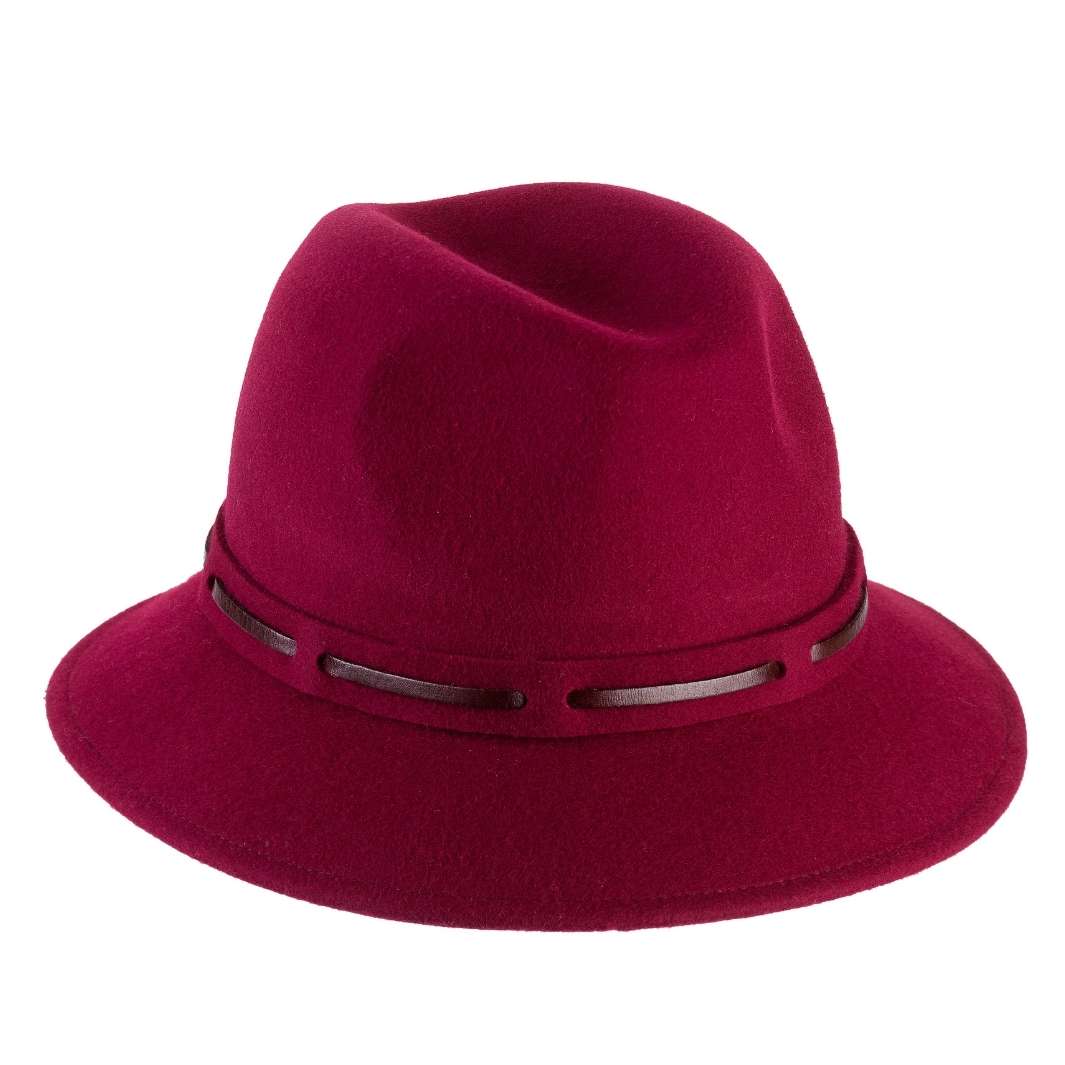 Cappello Fedora Jazz color Ciliegia, in feltro di lana merinos da uomo, foto con orientamento laterale - Primario Nesti