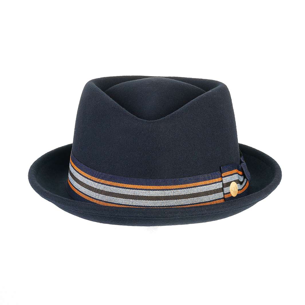 Cappello Pork Pie color Blu Navy, in feltro di lana merinos da uomo, foto con orientamento frontale - Primario Nesti
