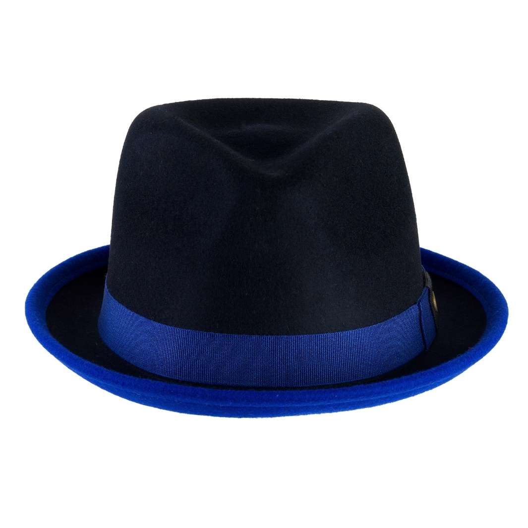 Cappello Trilby Michael color Blu, in feltro di lana merinos da uomo bicolore, foto con orientamento frontale - Primario Nesti