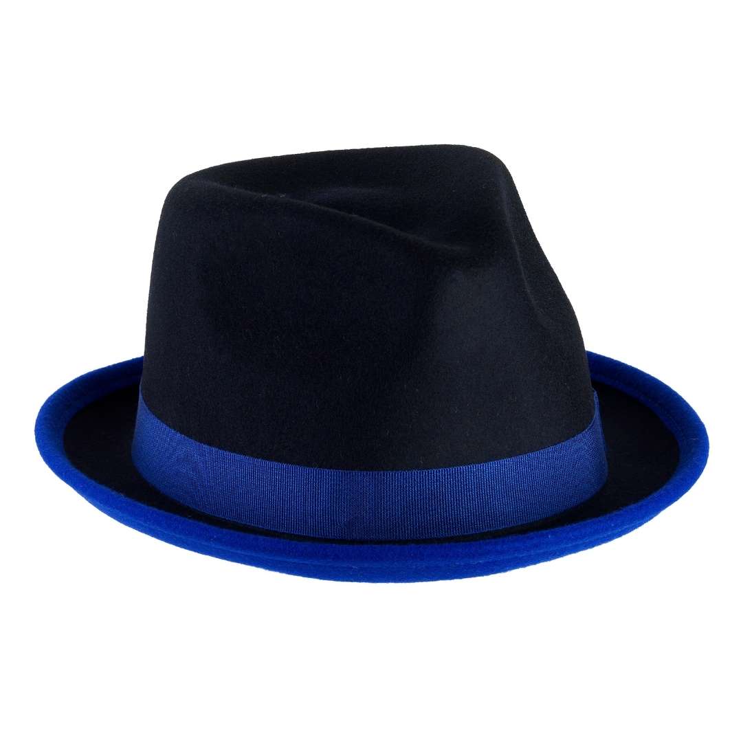 Cappello Trilby Michael color Blu, in feltro di lana merinos da uomo bicolore, foto con orientamento laterale - Primario Nesti
