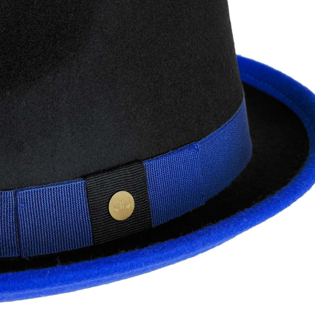 Cappello Trilby Michael color Blu, in feltro di lana merinos da uomo bicolore, foto con vista dettaglio ravvicinato - Primario Nesti