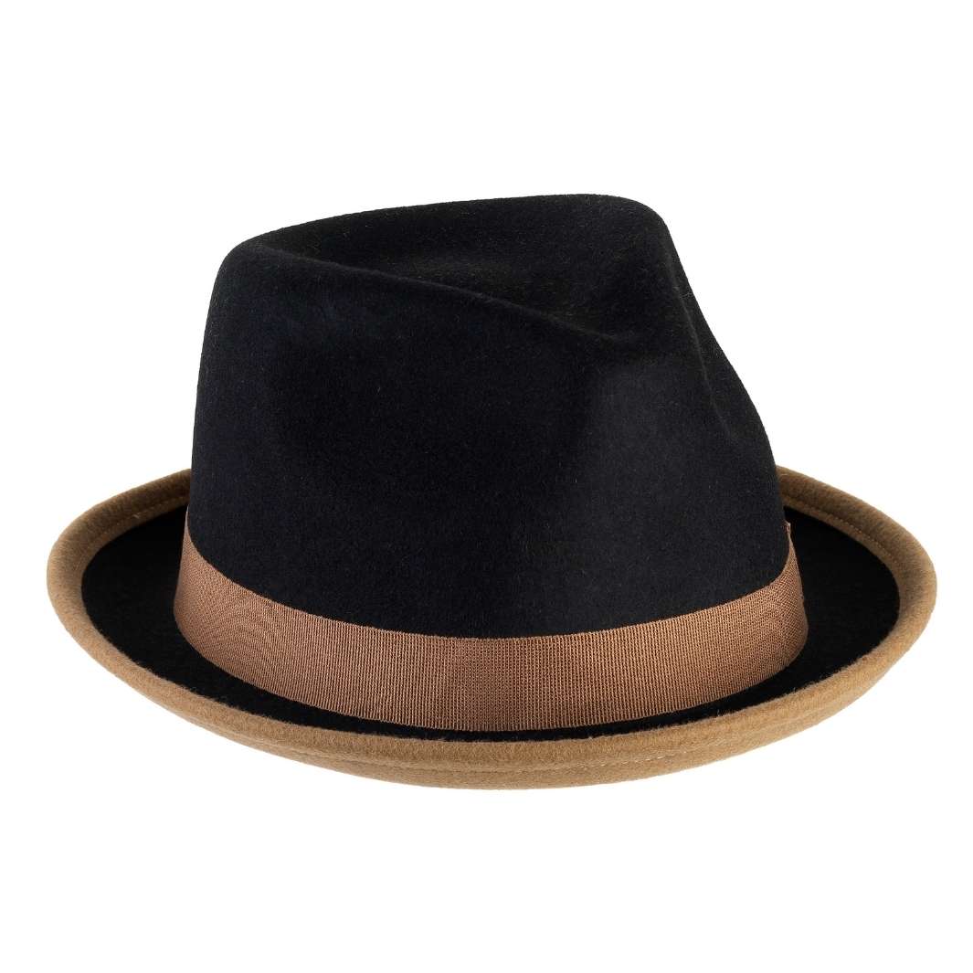 Cappello Trilby Michael color Sabbia, in feltro di lana merinos da uomo bicolore, foto con orientamento laterale - Primario Nesti