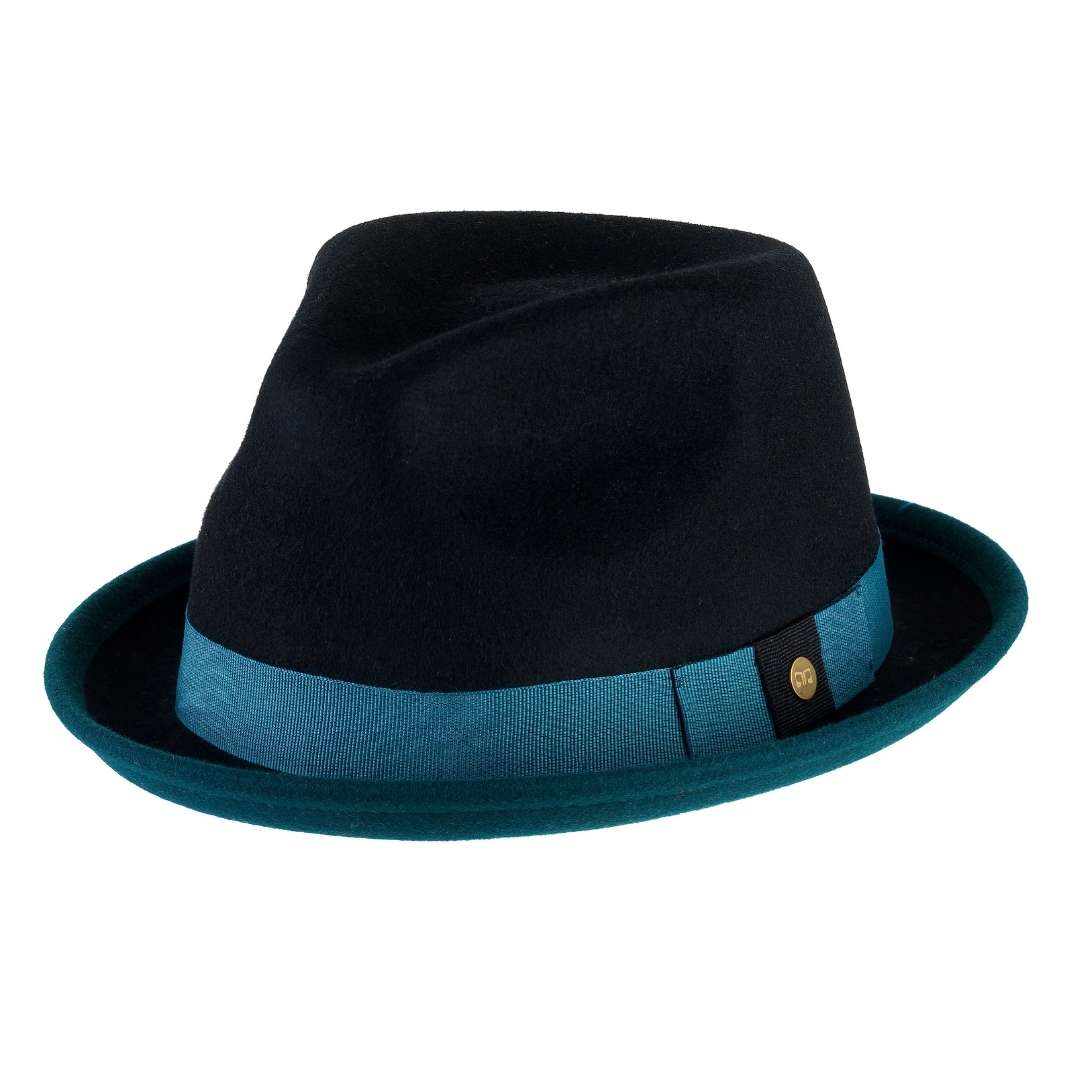 Cappello Trilby Michael color Petrolio, in feltro di lana merinos da uomo bicolore, foto con vista inclinata - Primario Nesti