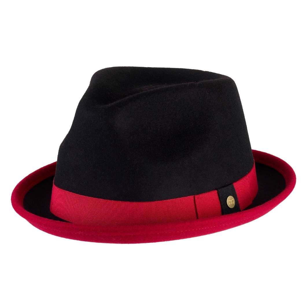 Cappello Trilby Michael color Rosso, in feltro di lana merinos da uomo bicolore, foto con vista inclinata - Primario Nesti