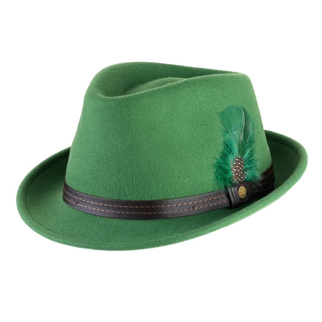 Cappello Trilby Classico color Verde Acido, in feltro di lana merinos da uomo, foto con vista inclinata - Primario Nesti