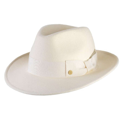 Cappello Fedora Coccos color Bianco, in feltro di lana merinos da uomo, foto con vista inclinata - Primario Nesti
