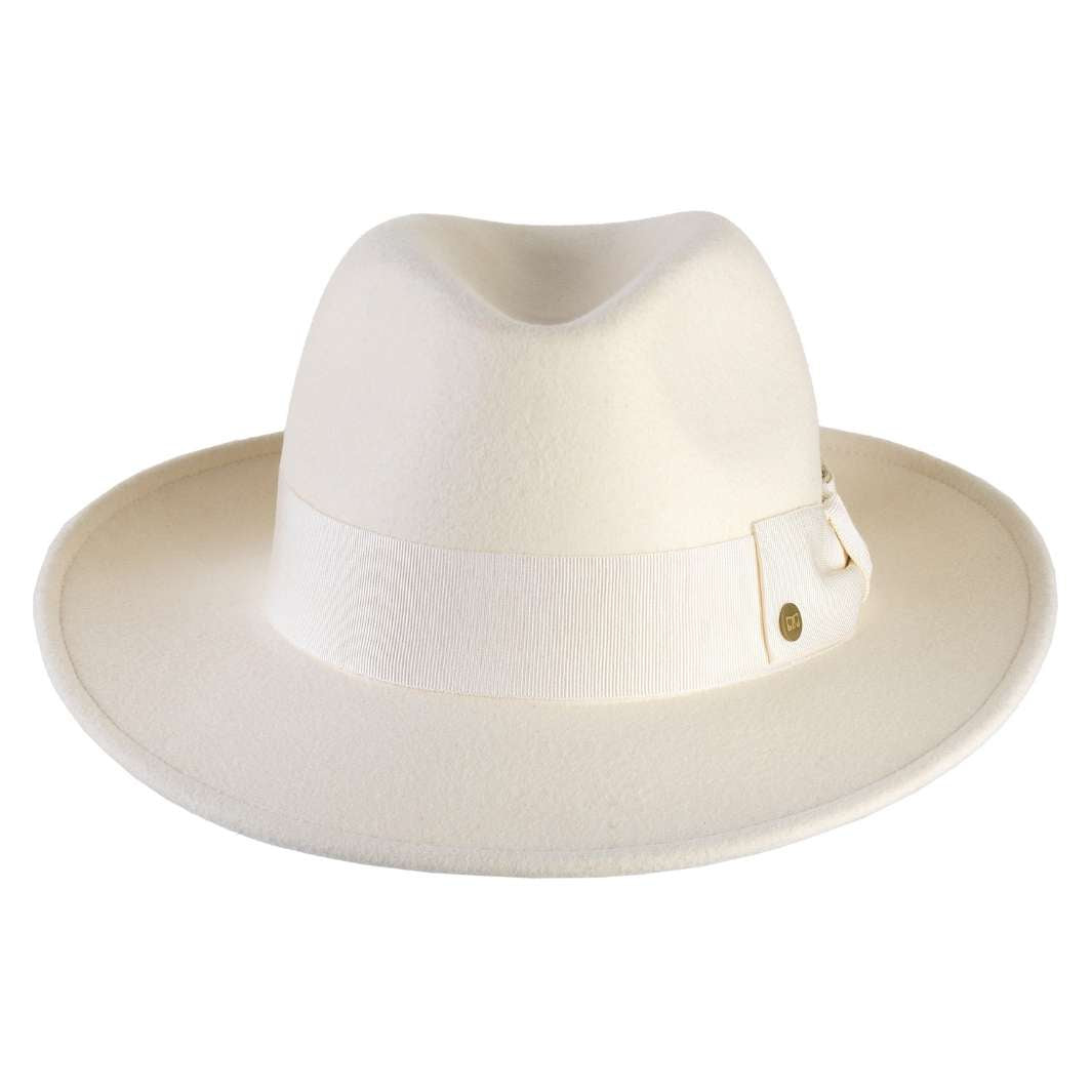 Cappello Fedora Coccos color Bianco, in feltro di lana merinos da uomo, foto con orientamento frontale - Primario Nesti
