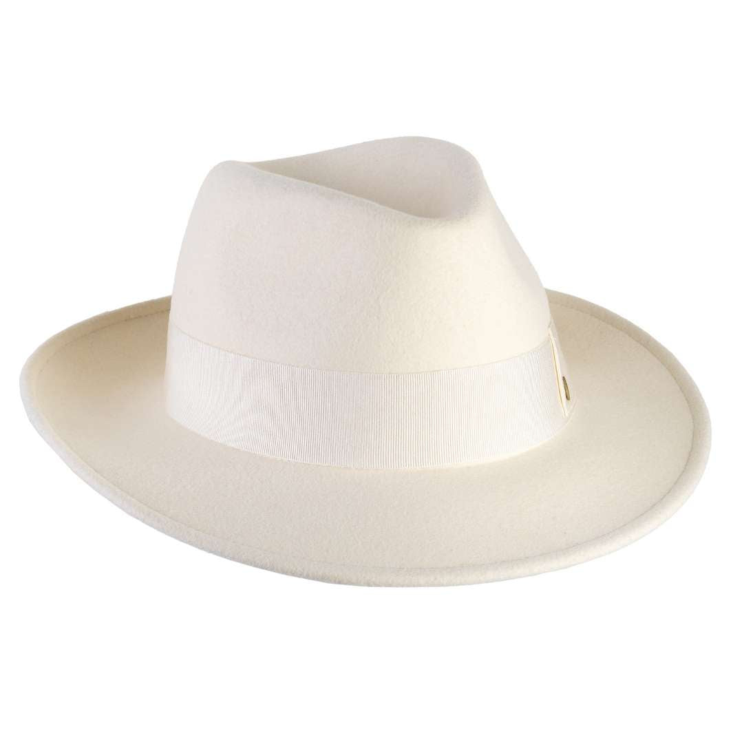 Cappello Fedora Coccos color Bianco, in feltro di lana merinos da uomo, foto con orientamento laterale - Primario Nesti