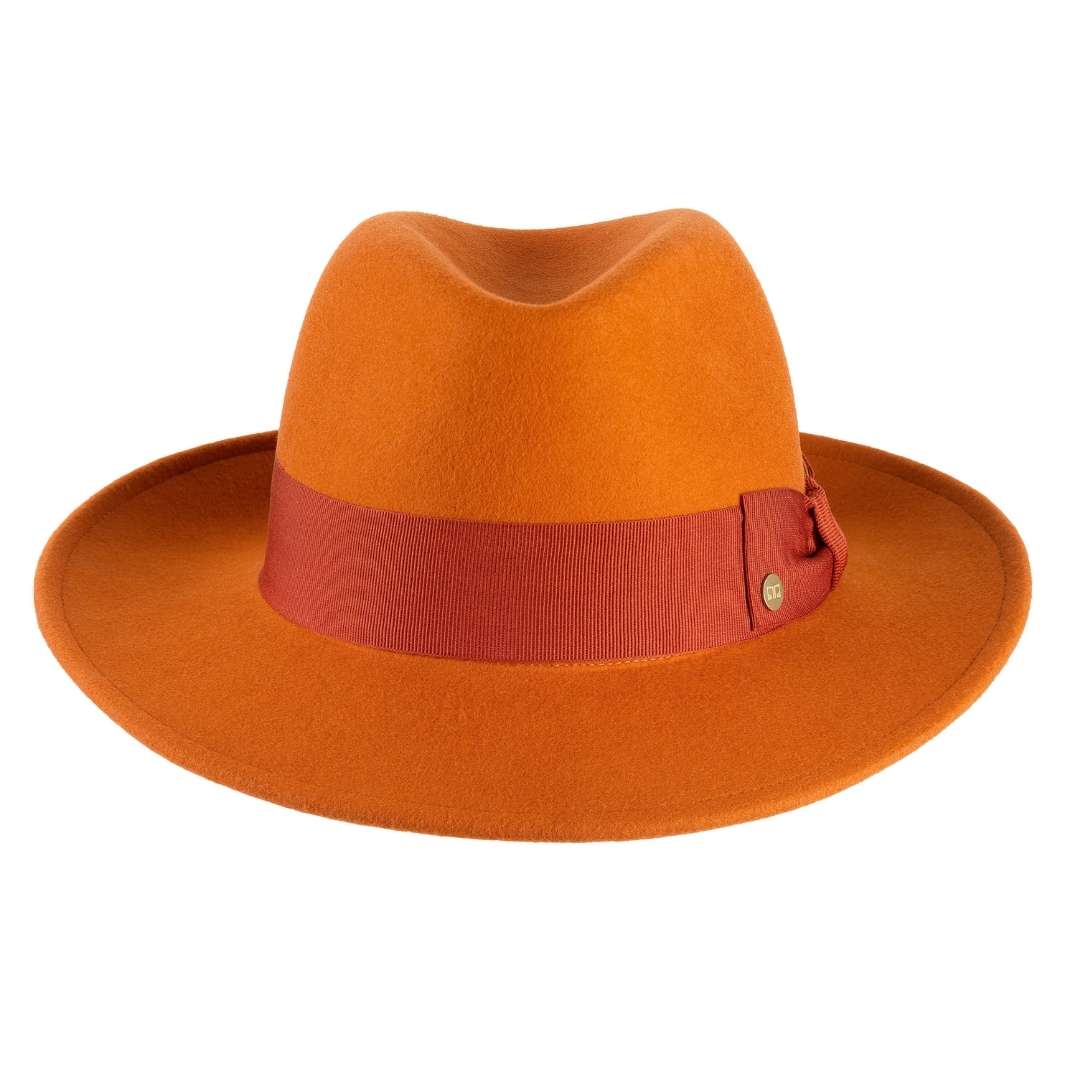 Cappello Fedora Coccos color Terracotta, in feltro di lana merinos da uomo, foto con orientamento frontale - Primario Nesti