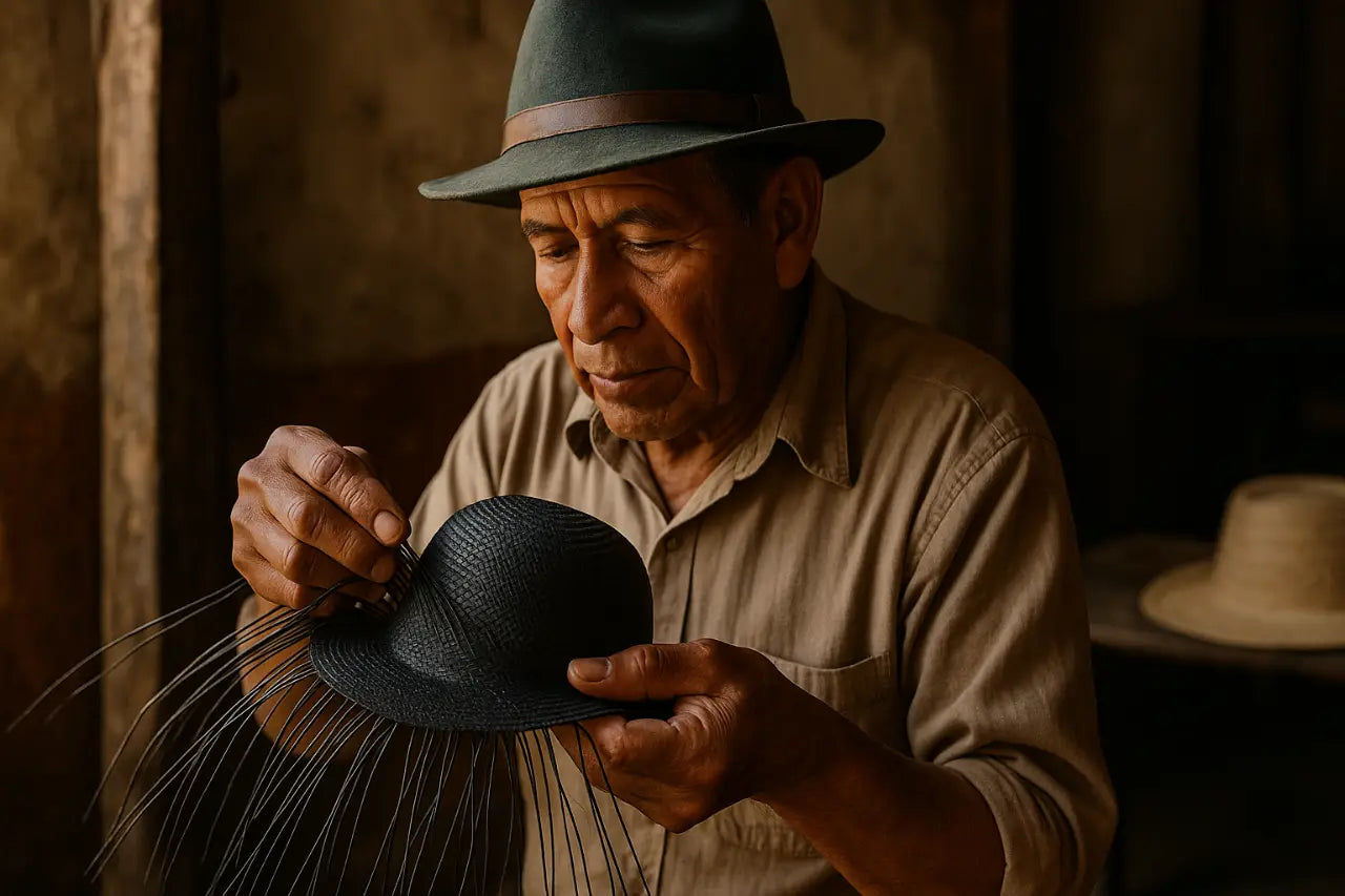 Villaggio ecuadoriano artigiani intrecciano cappelli Panama tradizionali