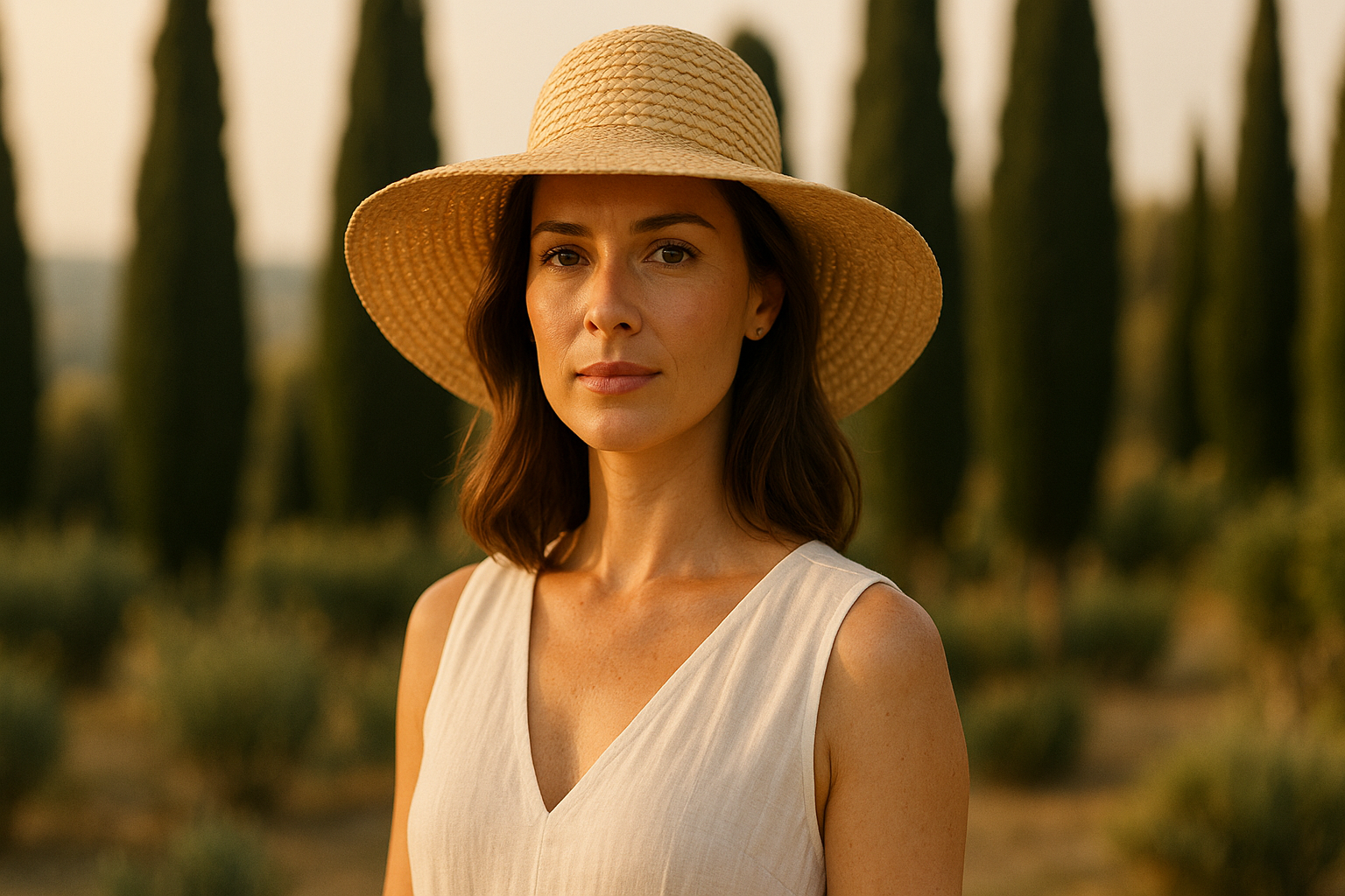 Donna elegante cappello estivo paglia protezione solare estate 2025