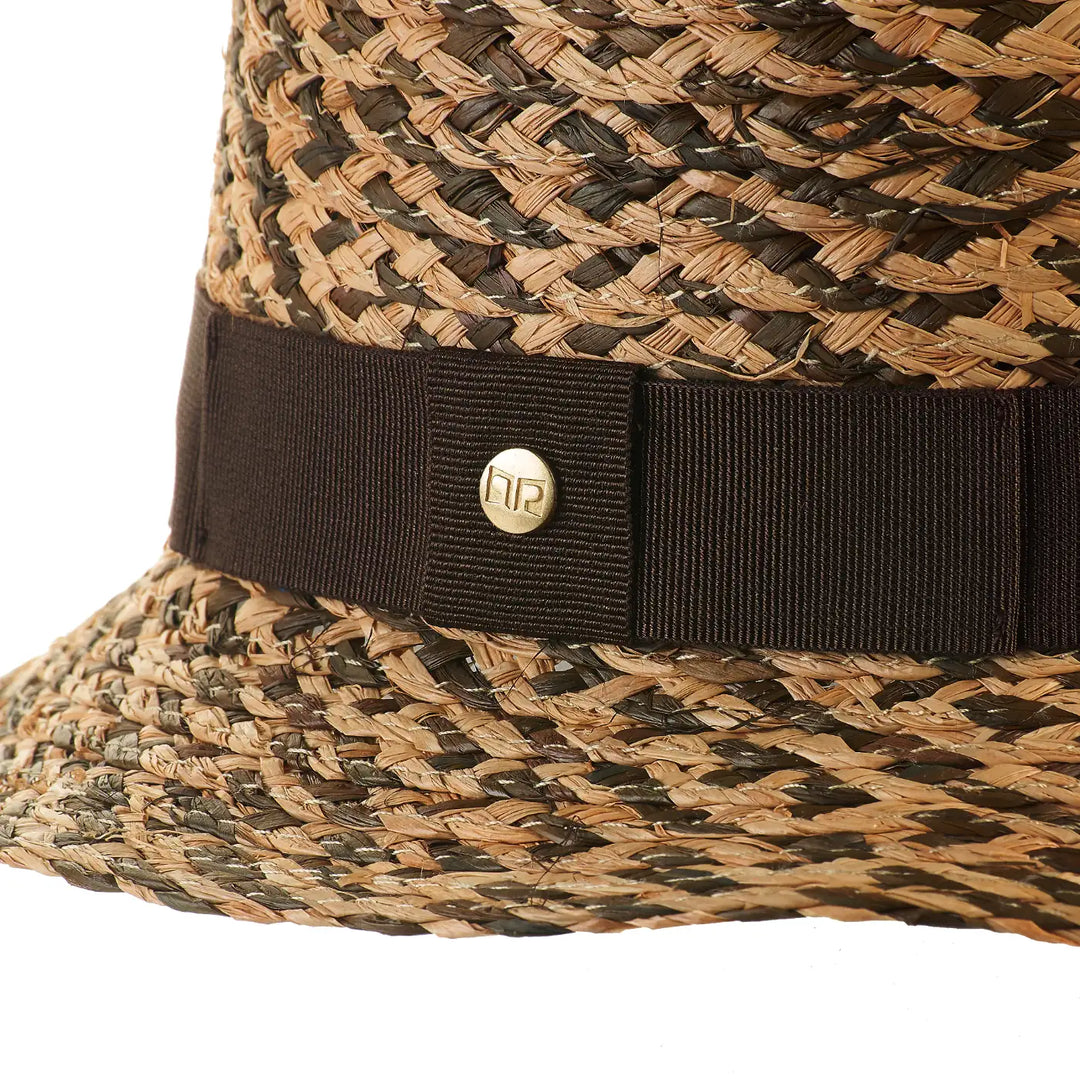 cappello a cloche di rafia bicolore da donna foto con vista dettaglio ravvicinato color paglia marrone primario nesti