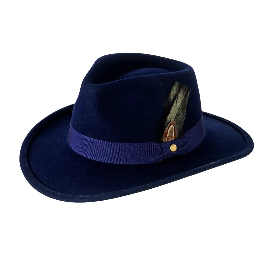 cappello australiano in feltro di cashmere antipioggia da uomo color blu zaffiro foto con vista inclinata sinistra 1 primario nesti