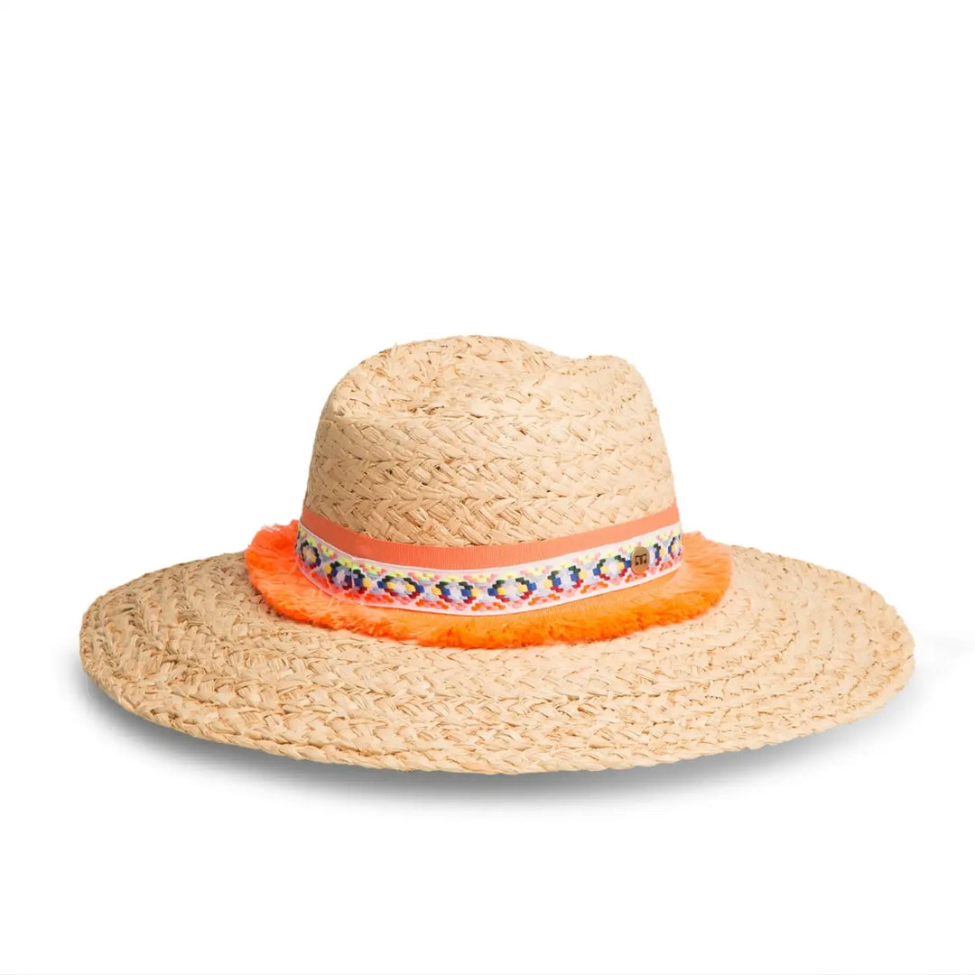 cappello da mare a tesa larga in rafia da donna foto con vista posteriore color paglia fantasia arancio primario nesti