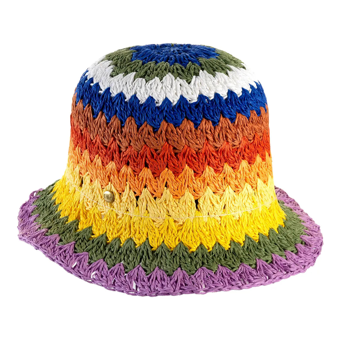 cappello da spiaggia a cloche uncinetto da donna foto con vista inclinata destra color arcobaleno primario nesti
