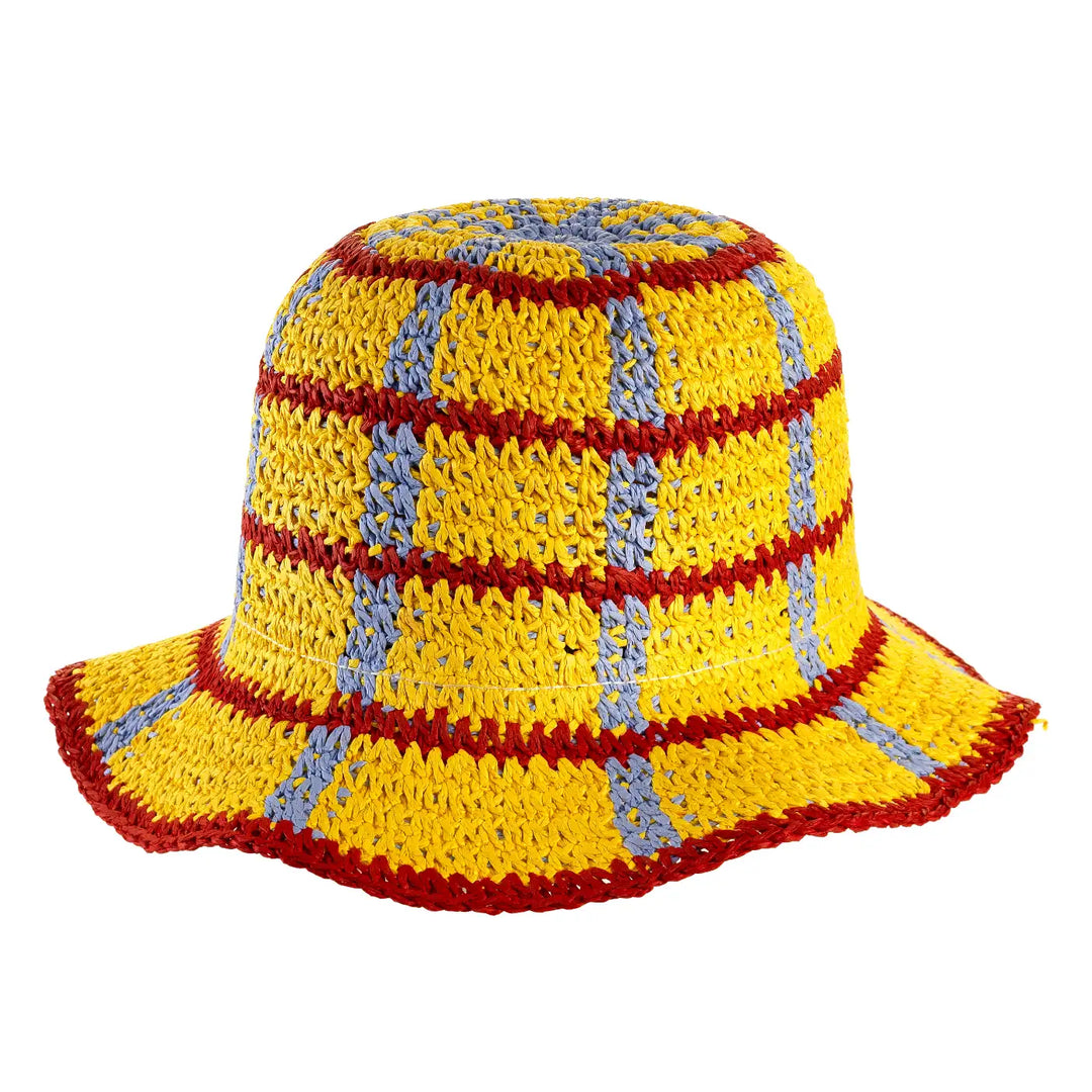 cappello da spiaggia a cloche uncinetto da donna foto con vista inclinata sinistra color giallo rosso celeste primario nesti