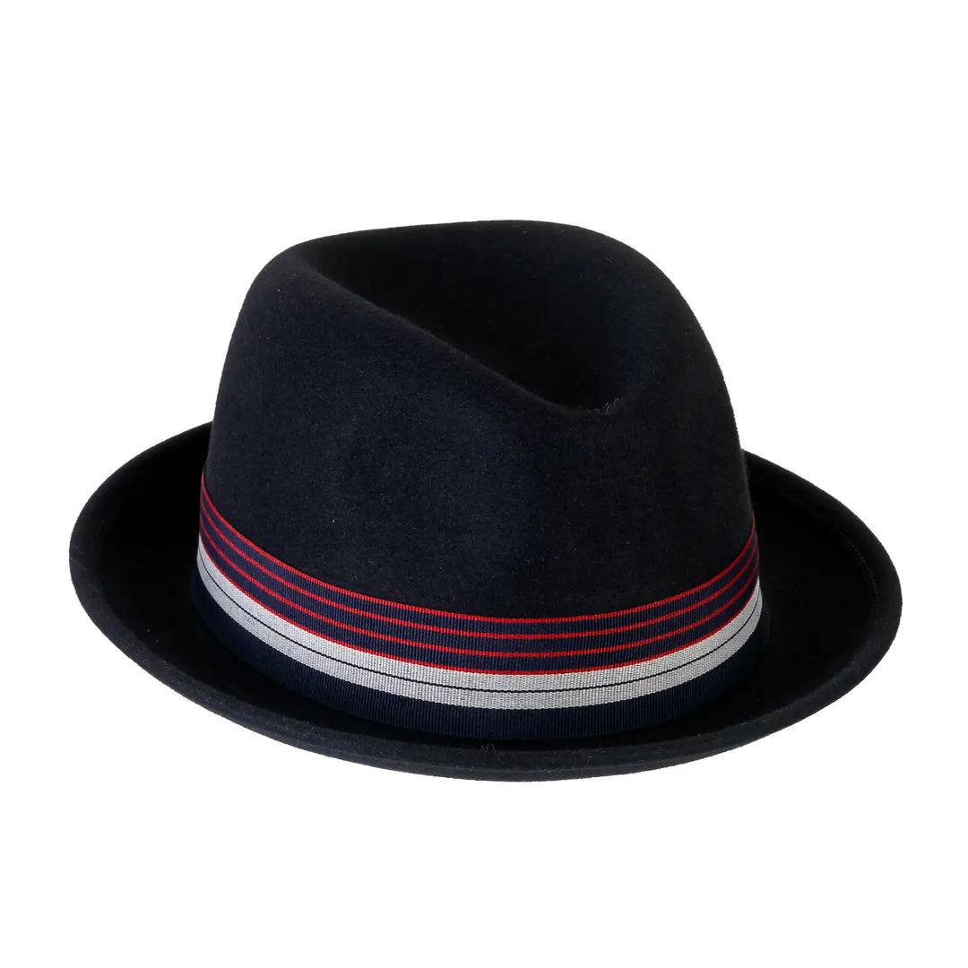 cappello lobbia homburg in feltro raso di lapin con fodera da uomo color blu elegante foto con vista inclinata destra primario nesti