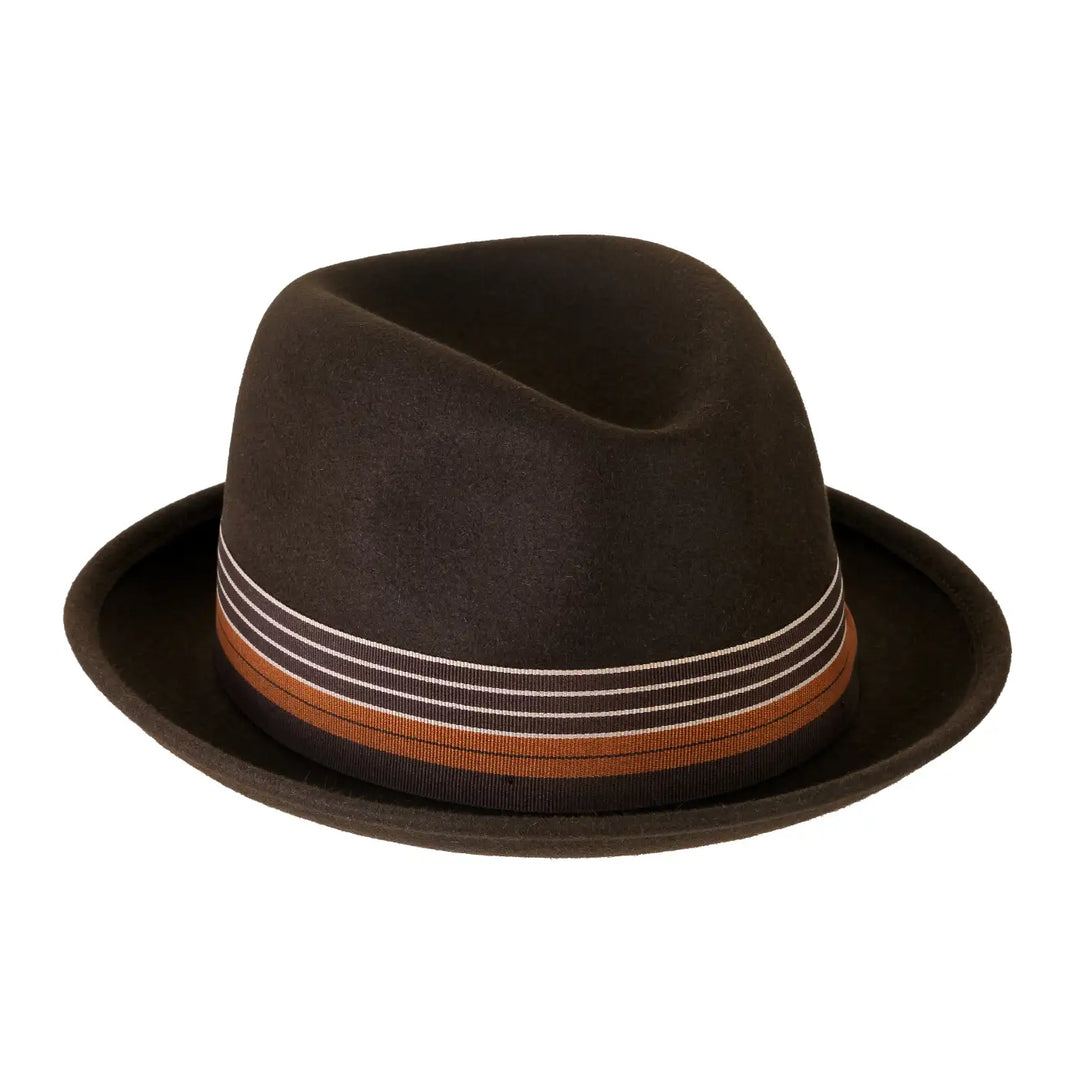 cappello lobbia homburg in feltro raso di lapin con fodera da uomo color moro elegante foto con vista inclinata destra primario nesti