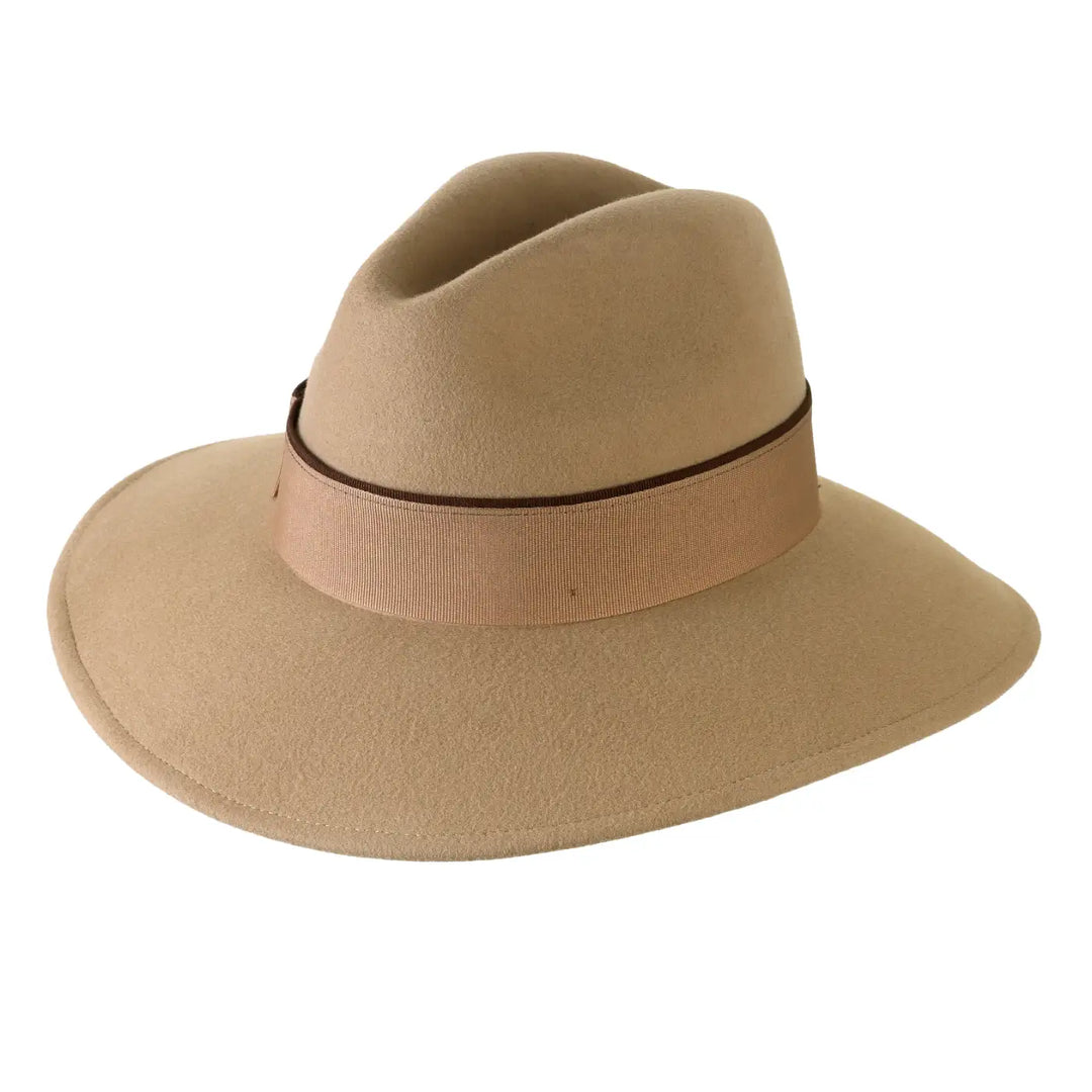 cappello signorile a tesa larga in lana merinos con fiocco da donna color beige intenso foto con vista inclinata destra primario nesti