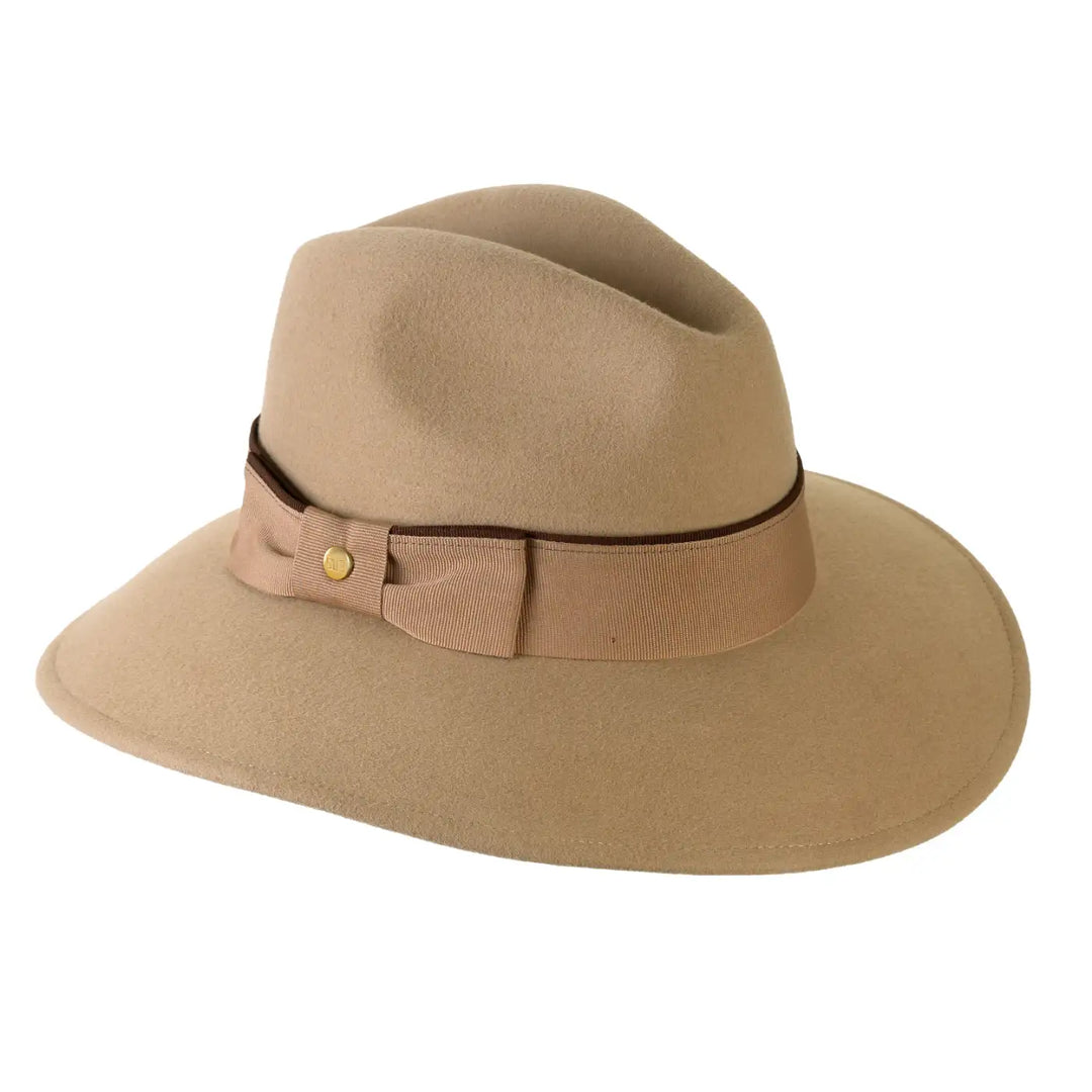 cappello signorile a tesa larga in lana merinos con fiocco da donna color beige intenso foto con vista inclinata sinistra 1 primario nesti