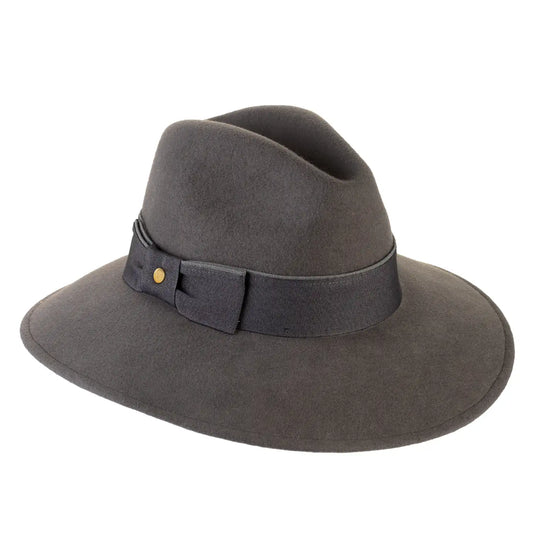 cappello signorile a tesa larga in lana merinos con fiocco da donna color grigio cenere foto con vista laterale a sinistra primario nesti