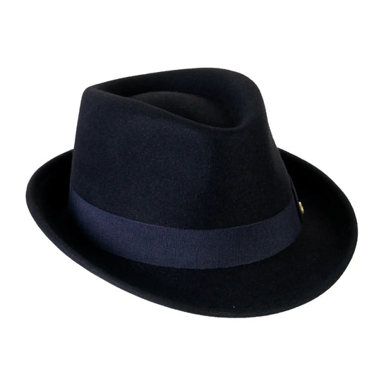 cappello trilby classico in feltro raso di lapin con fodera da uomo color blu vellutato foto con vista inclinata destra primario nesti