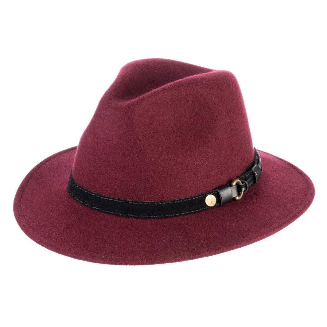 Cappello Fedora Ala Media color Bordeaux, in feltro di lana merinos da uomo, foto con vista inclinata - Primario Nesti
