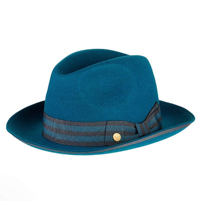 Cappello Trilby Jazz color Blu Cobalto, in feltro di lana merinos da uomo, foto con vista inclinata - Primario Nesti