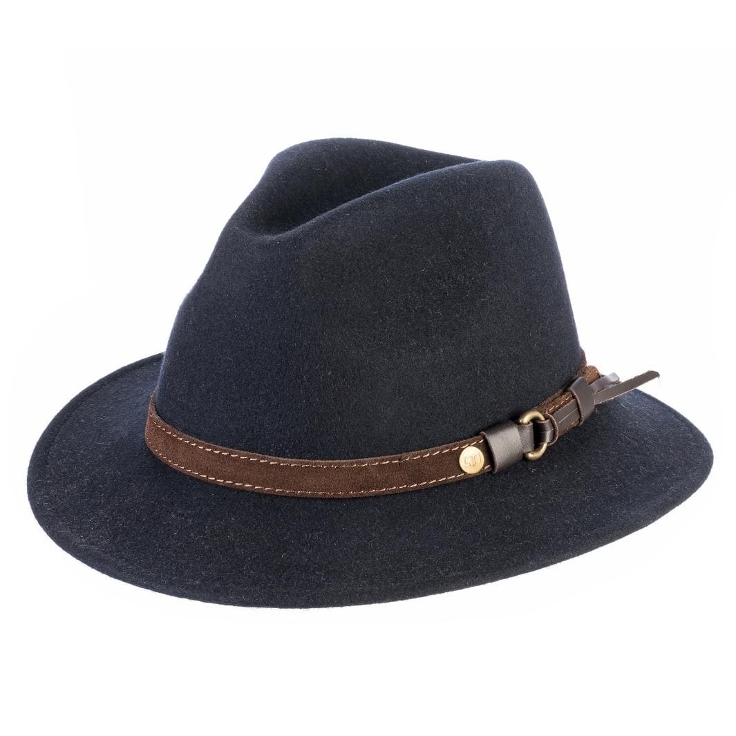 Cappello Fedora Ala Media color Blu, in feltro di lana merinos da uomo, foto con vista inclinata - Primario Nesti