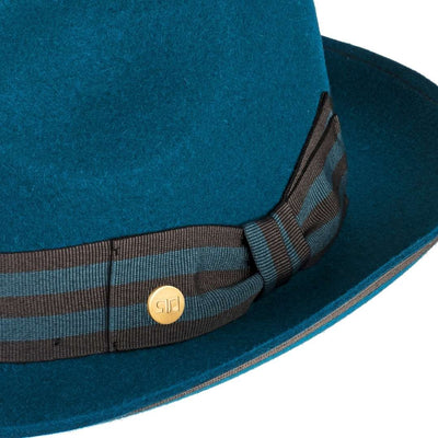 Cappello Trilby Jazz color Blu Cobalto, in feltro di lana merinos da uomo, foto con vista dettaglio ravvicinato - Primario Nesti