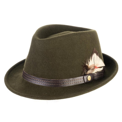 Cappello Trilby Classico color Verde, in feltro di lana merinos da uomo, foto con vista inclinata - Primario Nesti