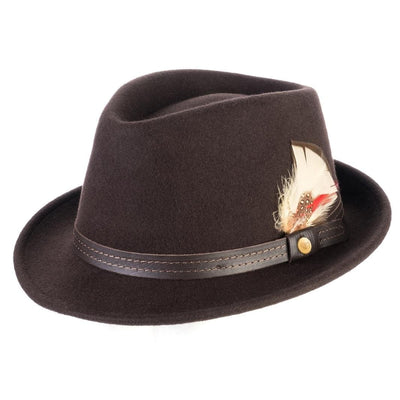 Cappello Trilby Classico color Marrone, in feltro di lana merinos da uomo, foto con vista inclinata - Primario Nesti