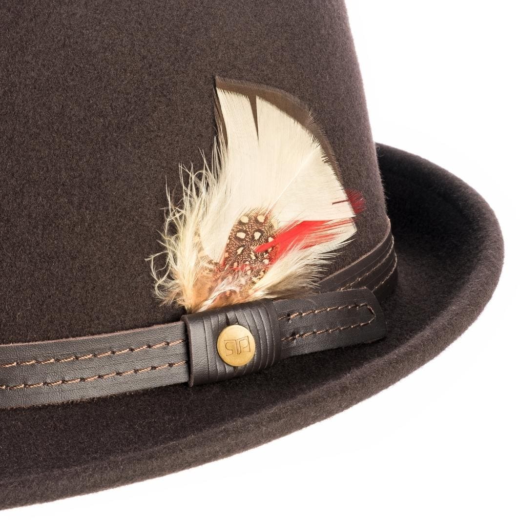 Cappello Trilby Classico color Marrone, in feltro di lana merinos da uomo, foto con vista dettaglio ravvicinato - Primario Nesti