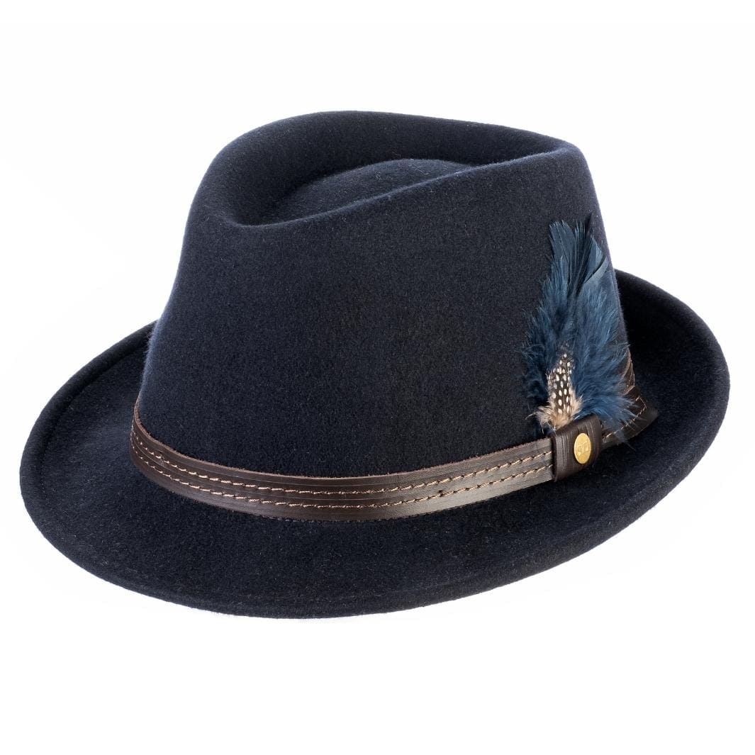Cappello Trilby Classico color Blu, in feltro di lana merinos da uomo, foto con vista inclinata - Primario Nesti
