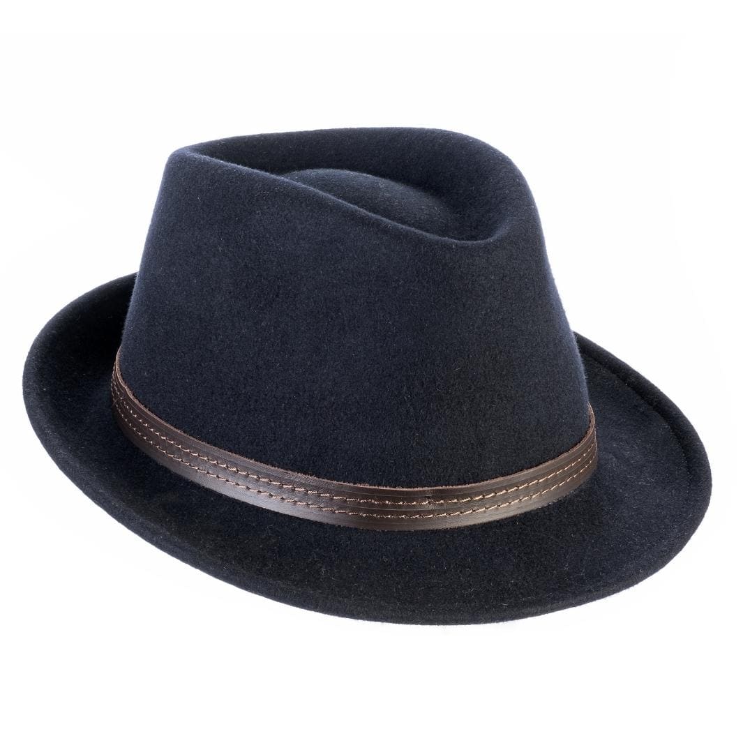 Cappello Trilby Classico color Blu, in feltro di lana merinos da uomo, foto con orientamento laterale - Primario Nesti