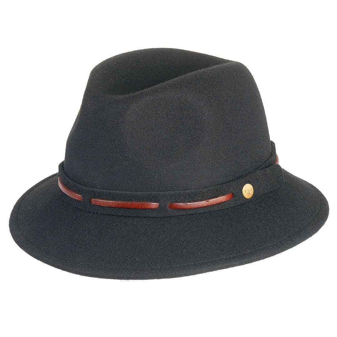 Cappello Fedora Jazz color Nero, in feltro di lana merinos da uomo, foto con vista inclinata - Primario Nesti