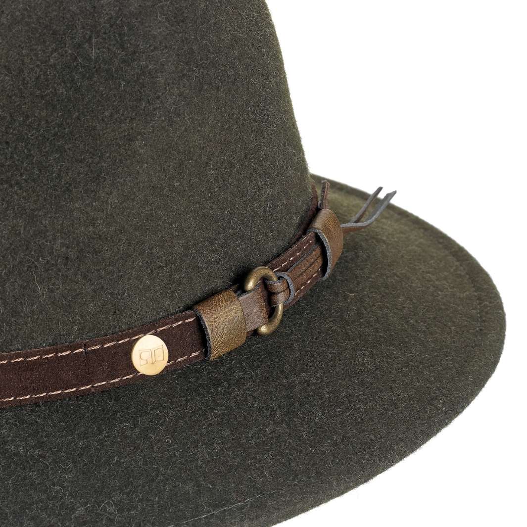 Cappello Fedora Ala Media color Verde, in feltro di lana merinos da uomo, foto con vista dettaglio ravvicinato - Primario Nesti