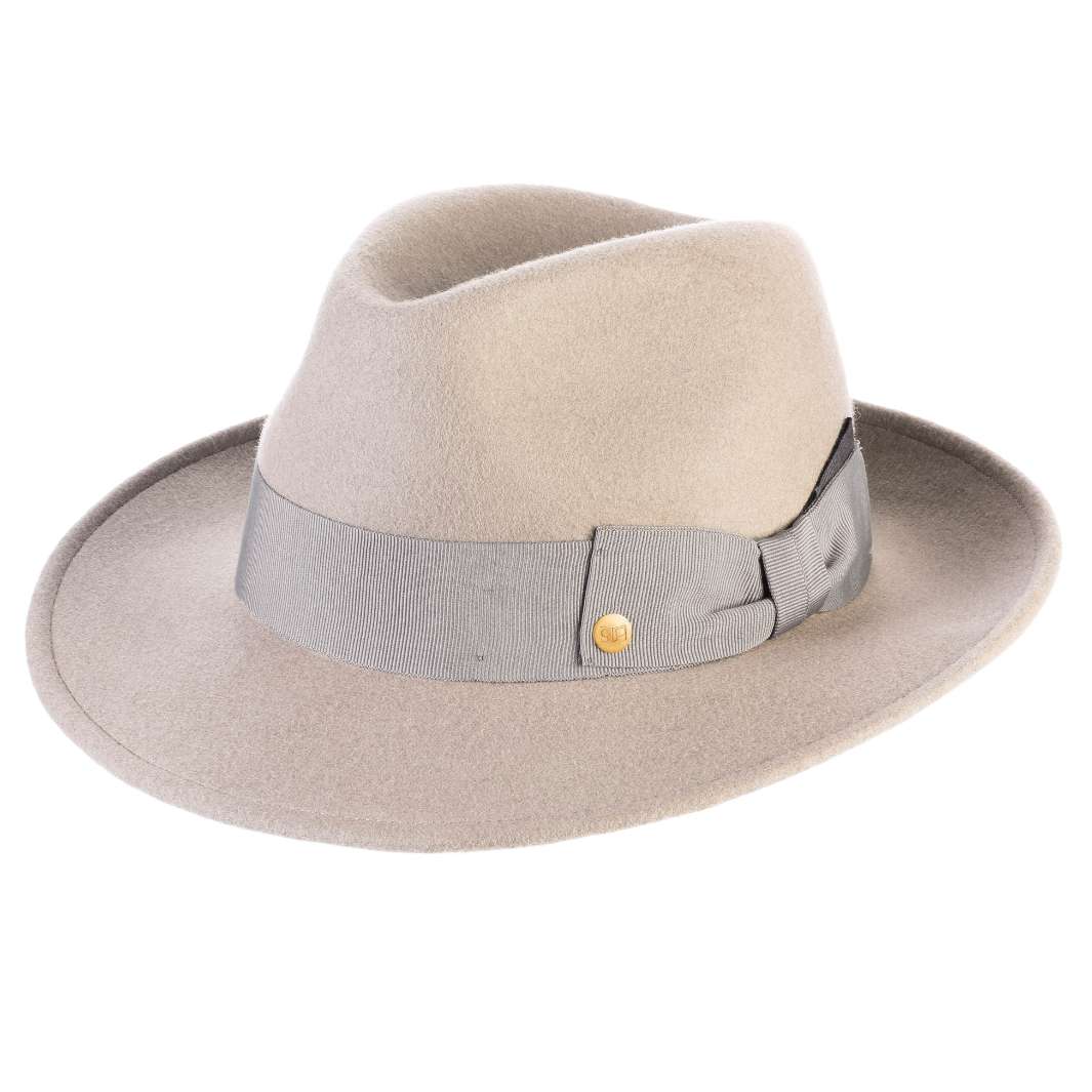 Cappello Fedora Coccos color Grigio, in feltro di lana merinos da uomo, foto con vista inclinata - Primario Nesti