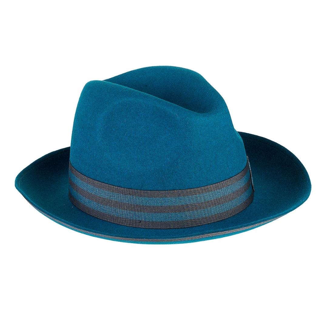 Cappello Trilby Jazz color Blu Cobalto, in feltro di lana merinos da uomo, foto con orientamento laterale - Primario Nesti